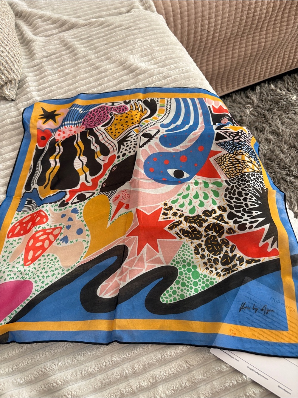 Colorful Abstract Print Silk-Feel Scarf in Blue and Multicolor